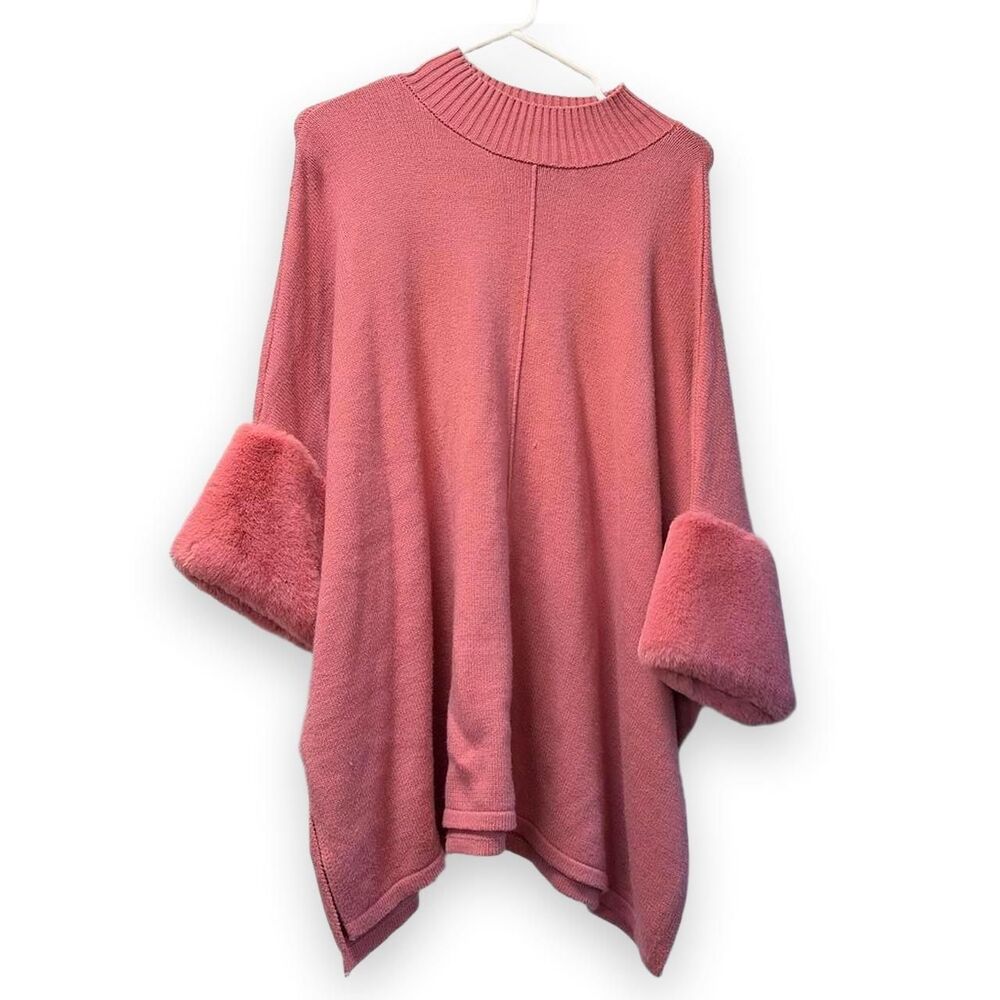 Pink Faux Fur Trim Mock Neck Knit Poncho Sweater Size M